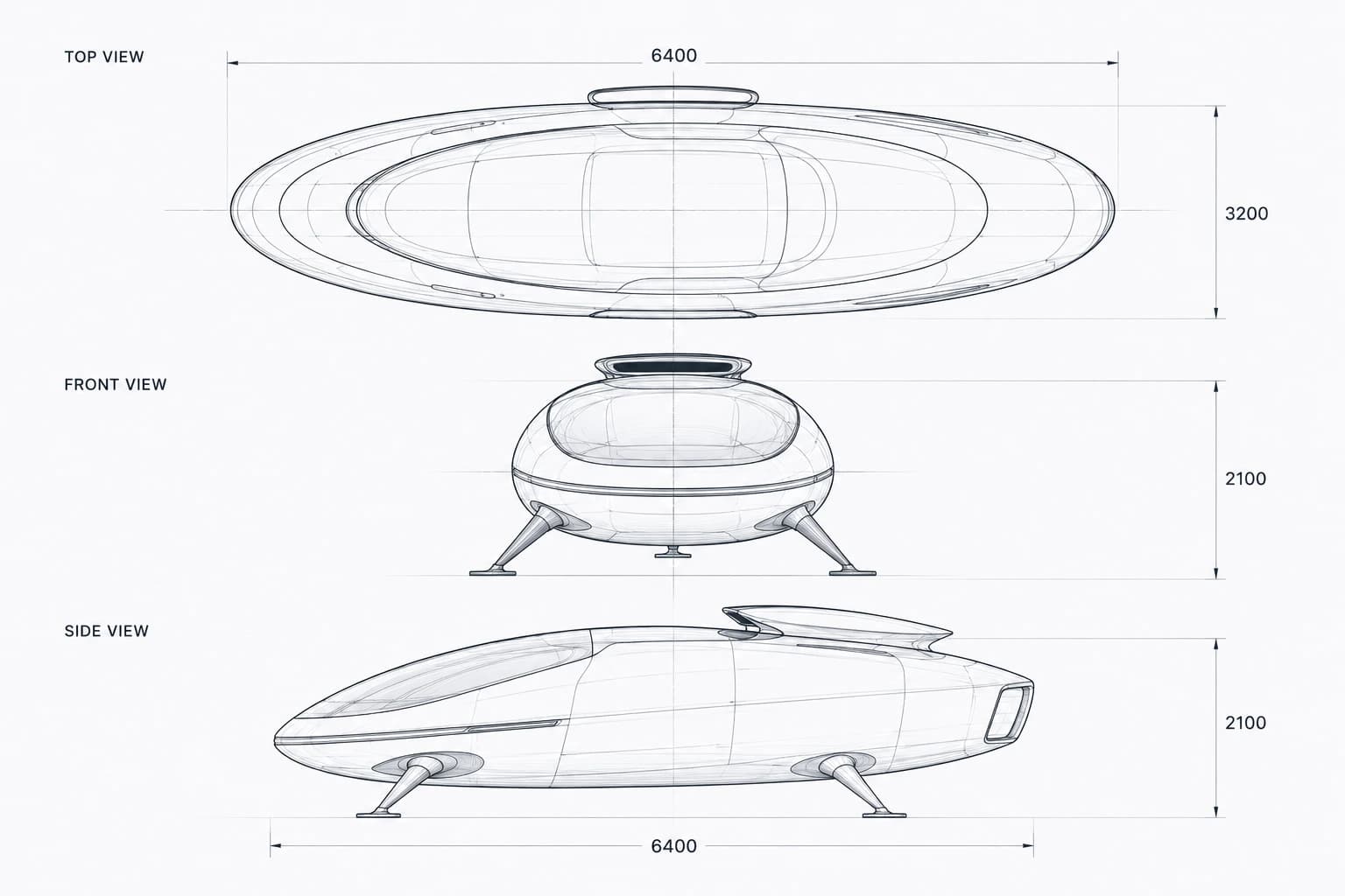 Aircar concept blueprint with orthographic engineering views