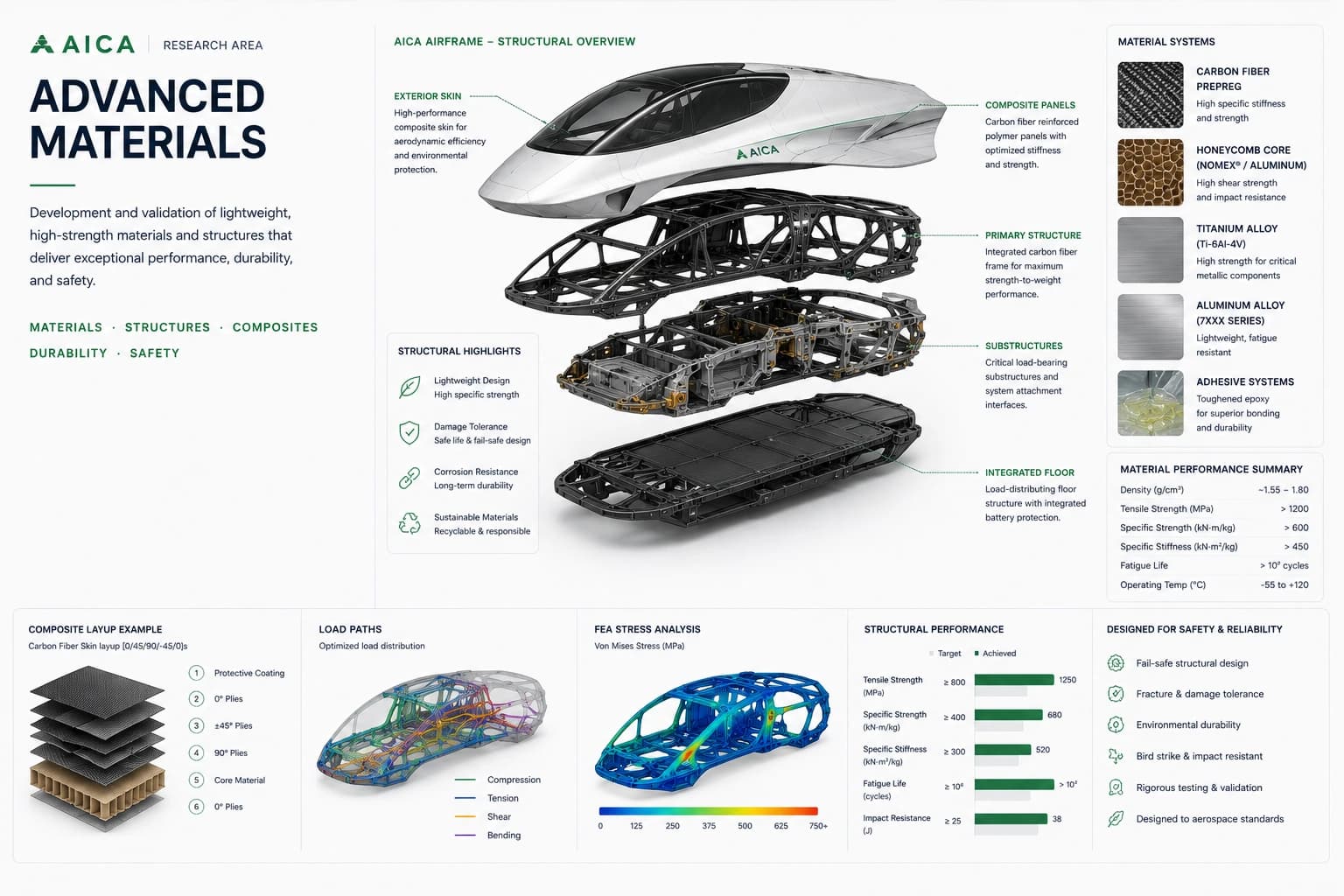 Advanced materials and structural engineering analysis for the AICA air mobility platform